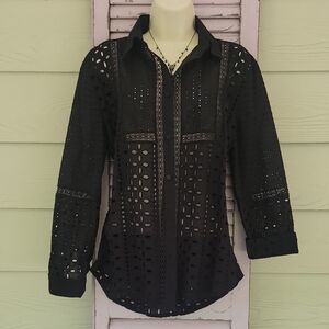NWOT 💗 ADIVA Button Down Shirt w/ Dress Shirt Collar Eyelet Black M